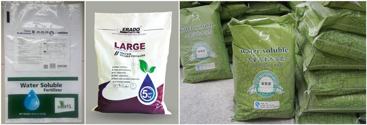 水溶性肥料的包装有彩袋、编织袋和塑料袋三种。产品规格多样，满足市场的个性化选择。储运符合市场标准。