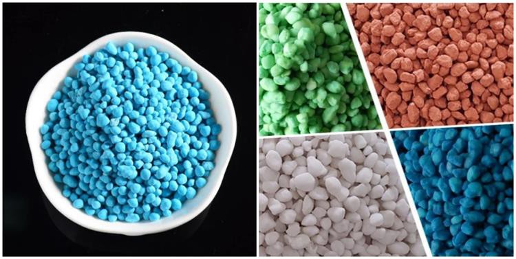 膨化颗粒肥料颜色不同，堆积颗粒的形状也不同，有大有小，相对有棱角。